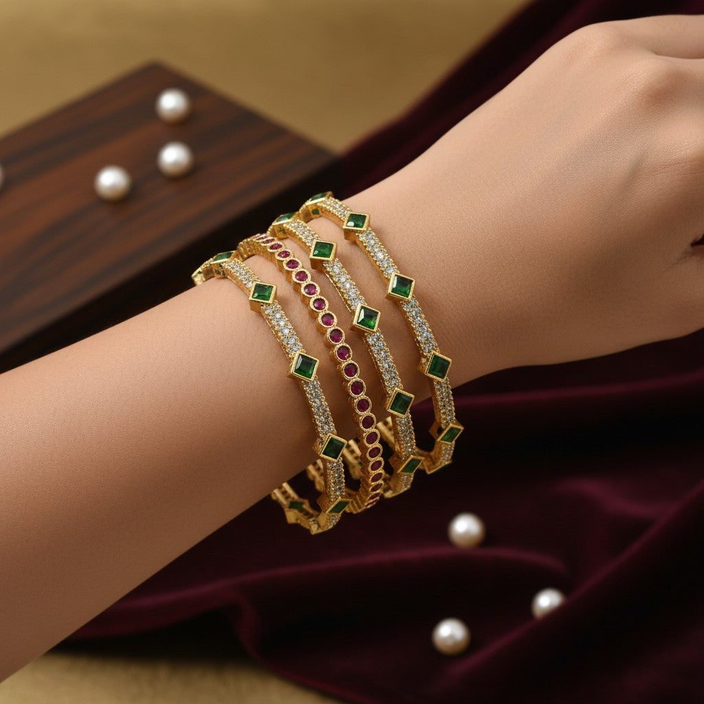 1595-Pretty Precious Gold Plated Cubic Zirconia/American Diamond Traditional Bangles/Bracelet Set of 2 for Women and Girls- Ruby Green (Size 2.8)