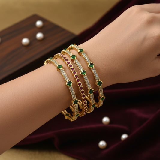 1595-Pretty Precious Gold Plated Cubic Zirconia/American Diamond Traditional Bangles/Bracelet Set of 2 for Women and Girls- Ruby Green (Size 2.8)