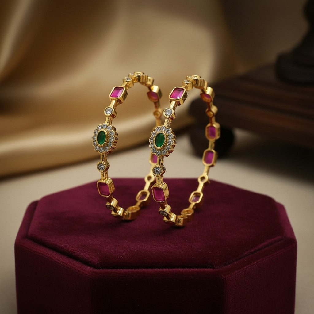 1596-Pretty Precious Gold Plated Cubic Zirconia/American Diamond Traditional Bangles/Bracelet Set of 2 for Women and Girls- Ruby Green (Size 2.8)