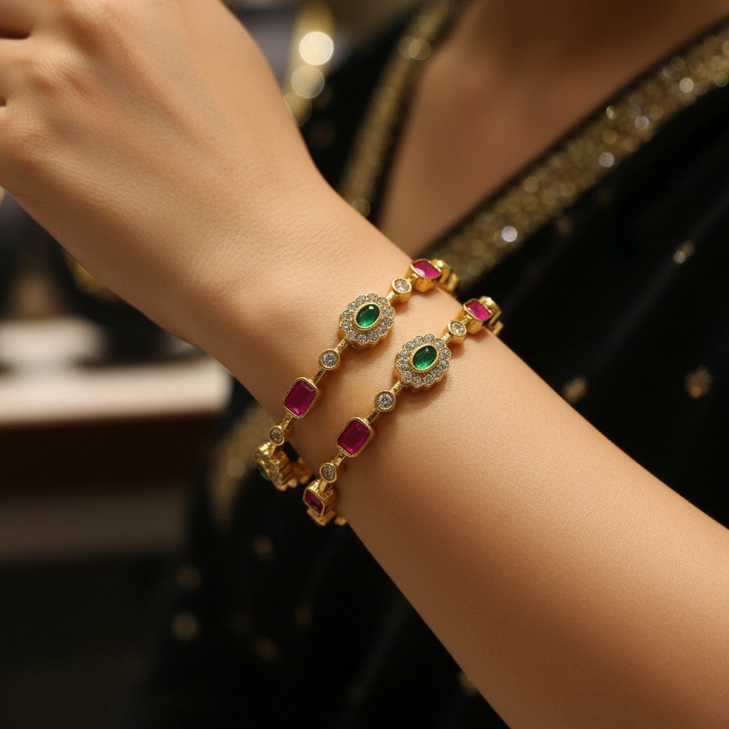 1596-Pretty Precious Gold Plated Cubic Zirconia/American Diamond Traditional Bangles/Bracelet Set of 2 for Women and Girls- Ruby Green (Size 2.8)