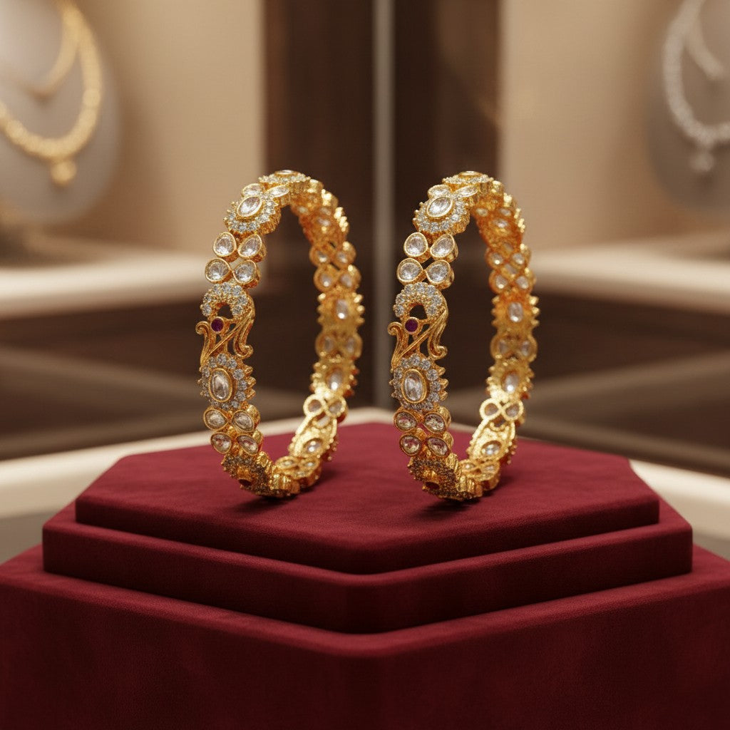 1597-Pretty Precious Gold Plated Cubic Zirconia/American Diamond Traditional Bangles/Bracelet Set of 2 for Women and Girls- Ruby Green (Size 2.8)