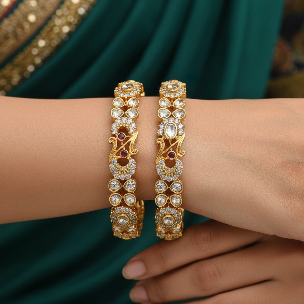 1597-Pretty Precious Gold Plated Cubic Zirconia/American Diamond Traditional Bangles/Bracelet Set of 2 for Women and Girls- Ruby Green (Size 2.8)