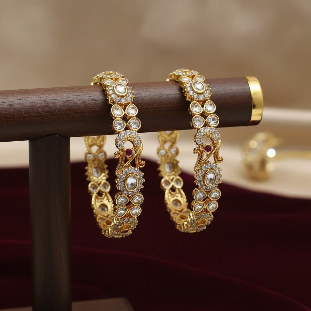 1597-Pretty Precious Gold Plated Cubic Zirconia/American Diamond Traditional Bangles/Bracelet Set of 2 for Women and Girls- Ruby Green (Size 2.8)