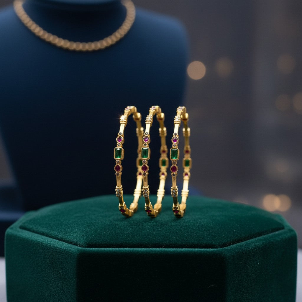 1598-Pretty Precious Gold Plated Cubic Zirconia/American Diamond Traditional Bangles/Bracelet Set of 2 for Women and Girls- Ruby Green (Size 2.8)