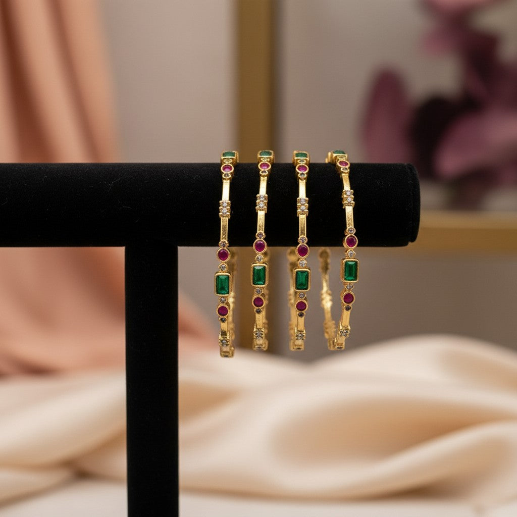 1598-Pretty Precious Gold Plated Cubic Zirconia/American Diamond Traditional Bangles/Bracelet Set of 2 for Women and Girls- Ruby Green (Size 2.8)