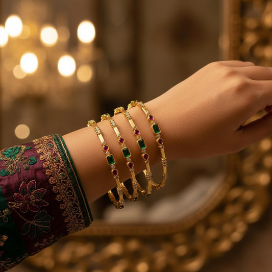 1598-Pretty Precious Gold Plated Cubic Zirconia/American Diamond Traditional Bangles/Bracelet Set of 2 for Women and Girls- Ruby Green (Size 2.8)