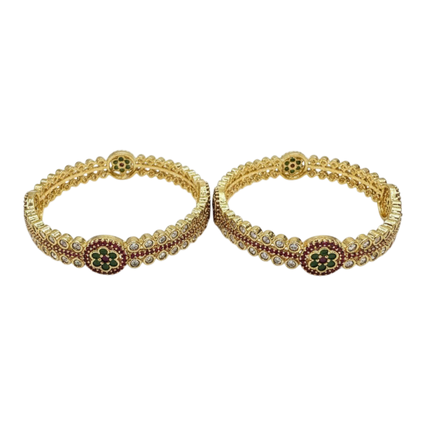 1599-Pretty Precious Gold Plated Cubic Zirconia/American Diamond Traditional Bangles/Bracelet Set of 2 for Women and Girls- Ruby Green (Size 2.6)