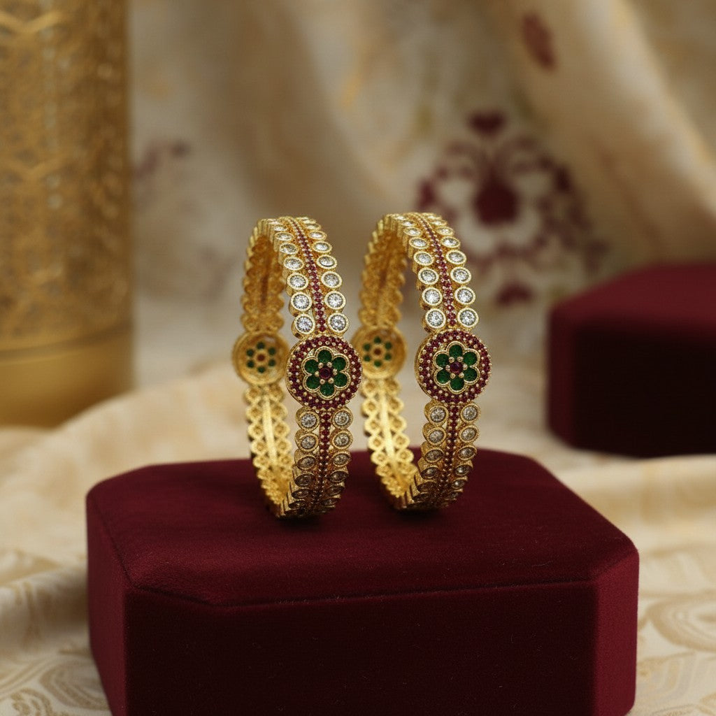 1599-Pretty Precious Gold Plated Cubic Zirconia/American Diamond Traditional Bangles/Bracelet Set of 2 for Women and Girls- Ruby Green (Size 2.6)