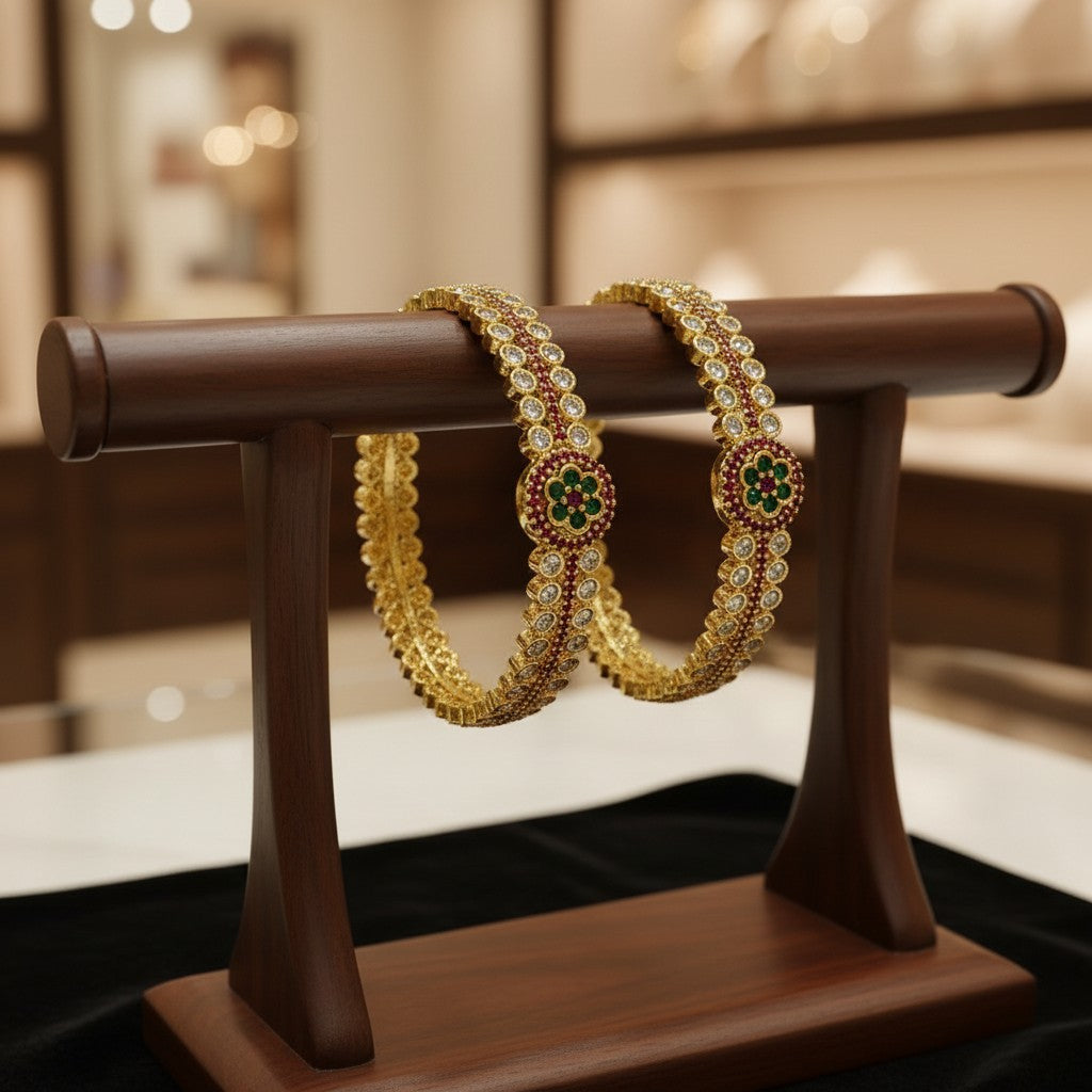 1599-Pretty Precious Gold Plated Cubic Zirconia/American Diamond Traditional Bangles/Bracelet Set of 2 for Women and Girls- Ruby Green (Size 2.6)