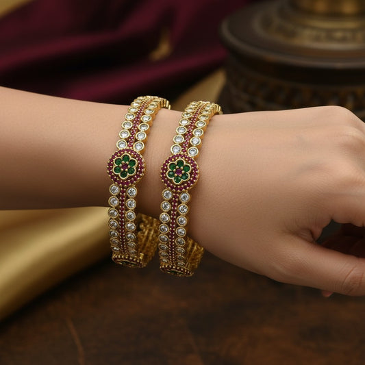 1599-Pretty Precious Gold Plated Cubic Zirconia/American Diamond Traditional Bangles/Bracelet Set of 2 for Women and Girls- Ruby Green (Size 2.6)