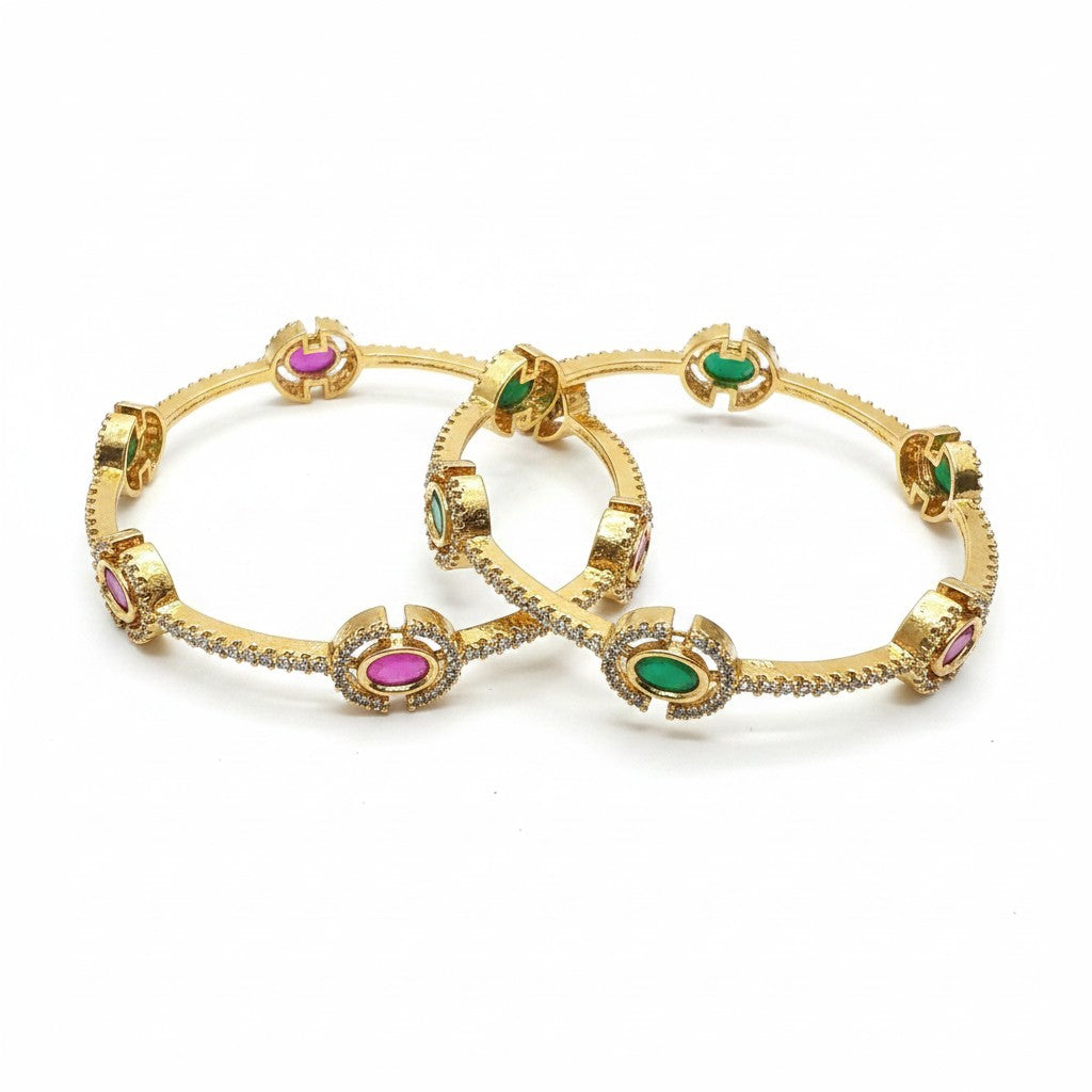 1600-Pretty Precious Gold Plated Cubic Zirconia/American Diamond Traditional Bangles/Bracelet Set of 2 for Women and Girls- Ruby Green (Size 2.8)