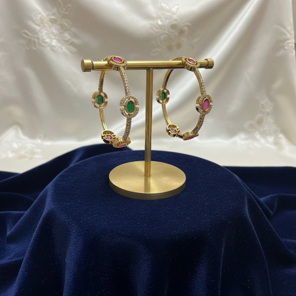 1600-Pretty Precious Gold Plated Cubic Zirconia/American Diamond Traditional Bangles/Bracelet Set of 2 for Women and Girls- Ruby Green (Size 2.8)