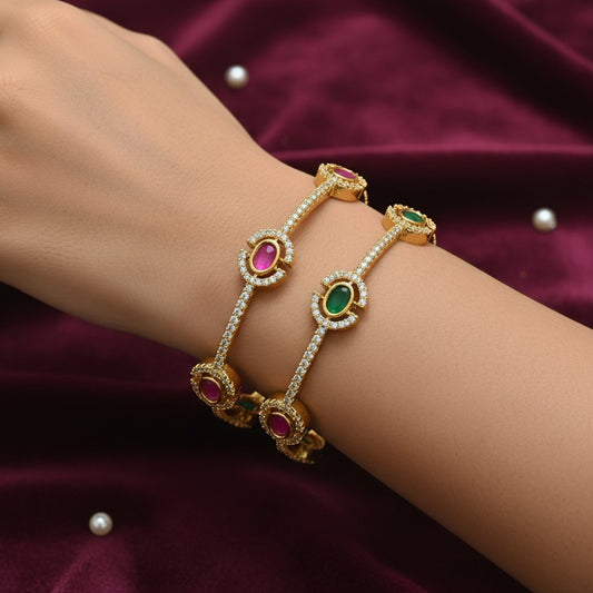 1600-Pretty Precious Gold Plated Cubic Zirconia/American Diamond Traditional Bangles/Bracelet Set of 2 for Women and Girls- Ruby Green (Size 2.8)