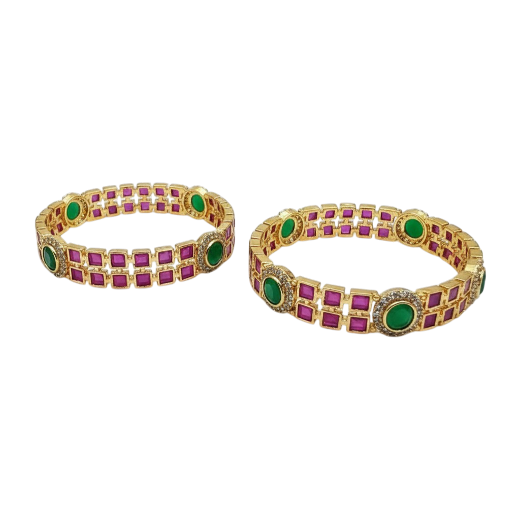 1601-Pretty Precious Gold Plated Cubic Zirconia/American Diamond Traditional Bangles/Bracelet Set of 2 for Women and Girls- Ruby Green (Size 2.8)