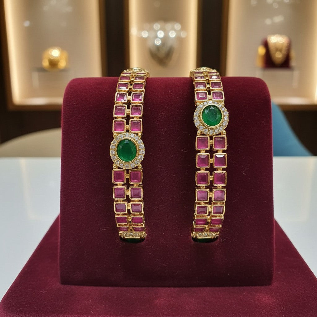 1601-Pretty Precious Gold Plated Cubic Zirconia/American Diamond Traditional Bangles/Bracelet Set of 2 for Women and Girls- Ruby Green (Size 2.8)