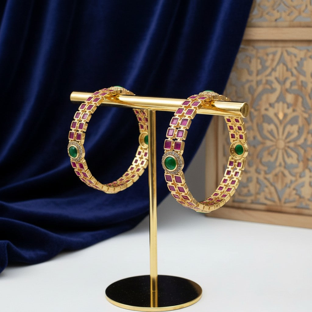 1601-Pretty Precious Gold Plated Cubic Zirconia/American Diamond Traditional Bangles/Bracelet Set of 2 for Women and Girls- Ruby Green (Size 2.8)