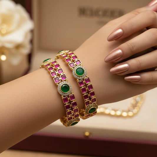 1601-Pretty Precious Gold Plated Cubic Zirconia/American Diamond Traditional Bangles/Bracelet Set of 2 for Women and Girls- Ruby Green (Size 2.8)
