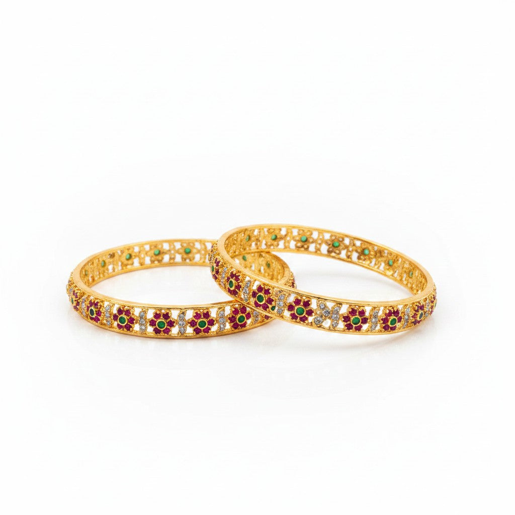 1602-Pretty Precious Gold Plated Cubic Zirconia/American Diamond Traditional Bangles/Bracelet Set of 2 for Women and Girls- Ruby Green (Size 2.8)