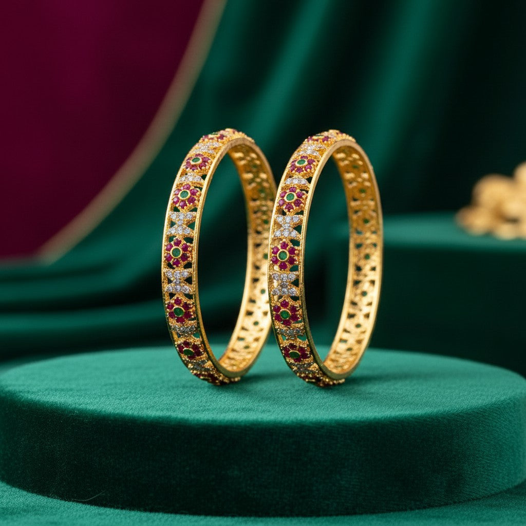 1602-Pretty Precious Gold Plated Cubic Zirconia/American Diamond Traditional Bangles/Bracelet Set of 2 for Women and Girls- Ruby Green (Size 2.8)