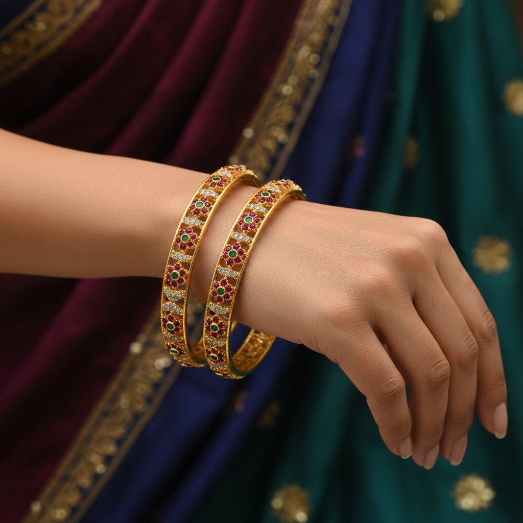 1602-Pretty Precious Gold Plated Cubic Zirconia/American Diamond Traditional Bangles/Bracelet Set of 2 for Women and Girls- Ruby Green (Size 2.8)