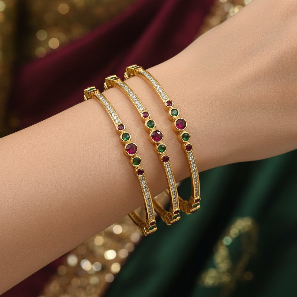 1603-Pretty Precious Gold Plated Cubic Zirconia/American Diamond Traditional Bangles/Bracelet Set of 2 for Women and Girls- White (Size 2.8)