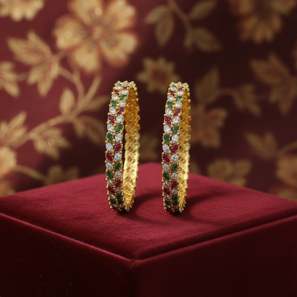 1604-Pretty Precious Gold Plated Cubic Zirconia/American Diamond Traditional Bangles/Bracelet Set of 2 for Women and Girls- Ruby Green (Size 2.8)