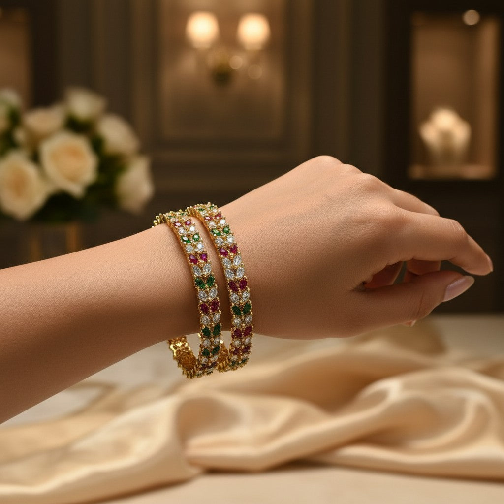 1604-Pretty Precious Gold Plated Cubic Zirconia/American Diamond Traditional Bangles/Bracelet Set of 2 for Women and Girls- Ruby Green (Size 2.8)