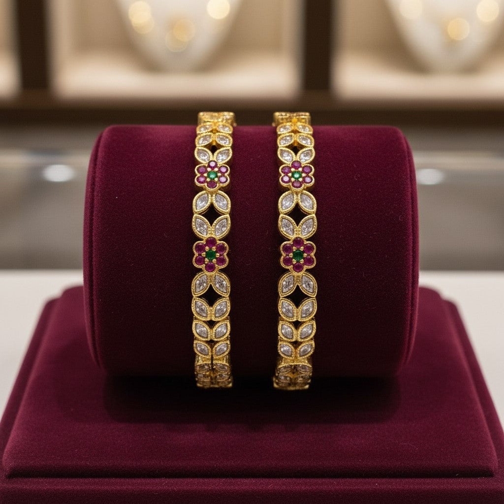 1605-Pretty Precious Gold Plated Cubic Zirconia/American Diamond Traditional Bangles/Bracelet Set of 2 for Women and Girls- Ruby Green (Size 2.6)