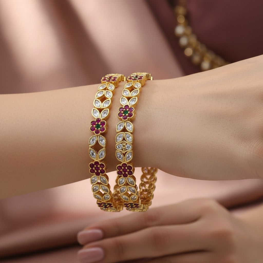 1605-Pretty Precious Gold Plated Cubic Zirconia/American Diamond Traditional Bangles/Bracelet Set of 2 for Women and Girls- Ruby Green (Size 2.6)