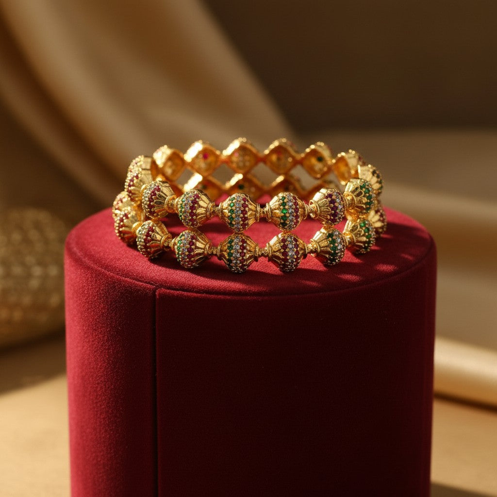 1606-Pretty Precious Gold Plated Cubic Zirconia/American Diamond Traditional Bangles/Bracelet Set of 2 for Women and Girls- Ruby Green (Size 2.6)