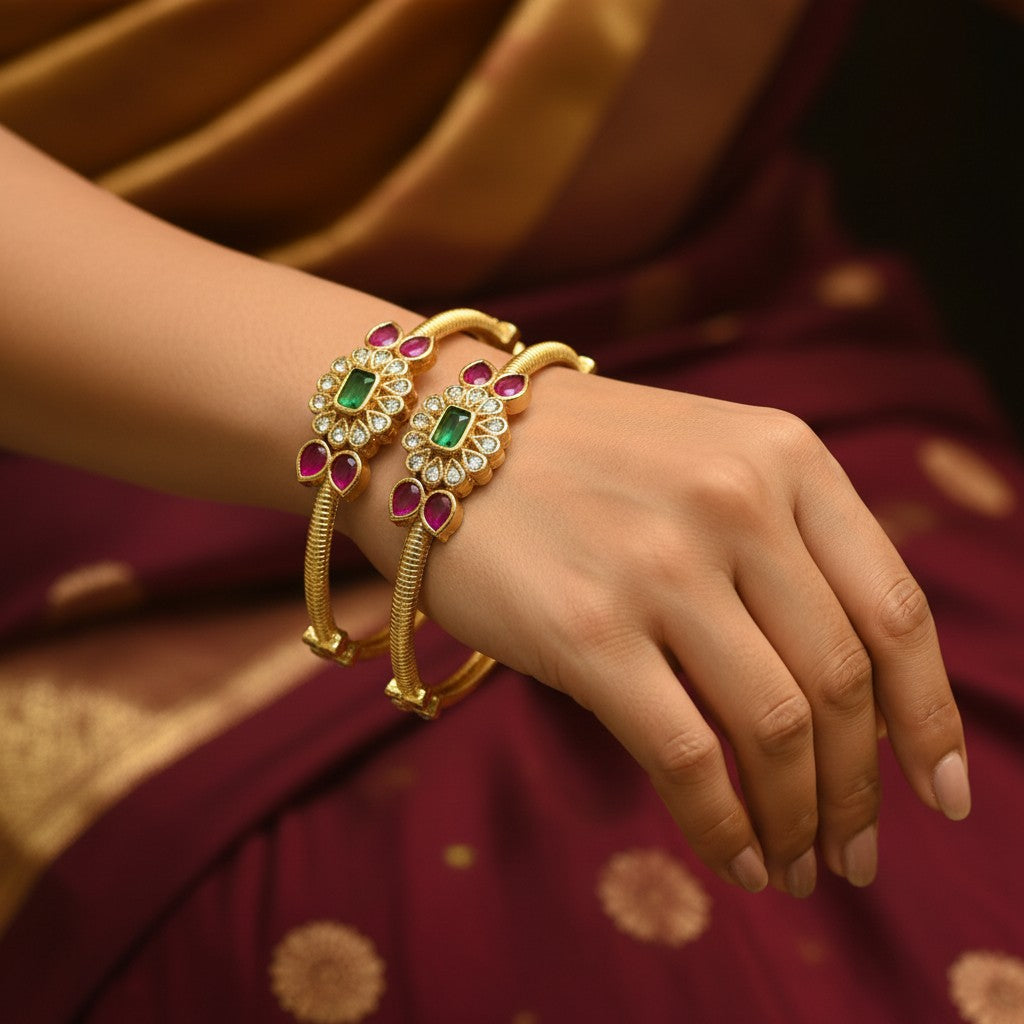 1607-Pretty Precious Gold Plated Cubic Zirconia/American Diamond Traditional Bangles/Bracelet Set of 2 for Women and Girls- Ruby Green (Size 2.6)