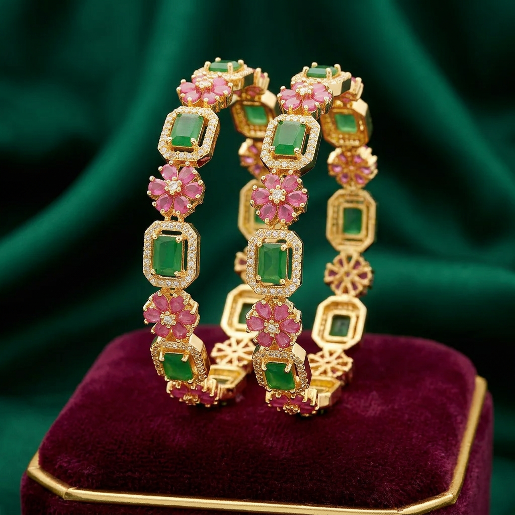 1608-Pretty Precious Gold Plated Cubic Zirconia/American Diamond Traditional Bangles/Bracelet Set of 2 for Women and Girls- Ruby Green (Size 2.6)