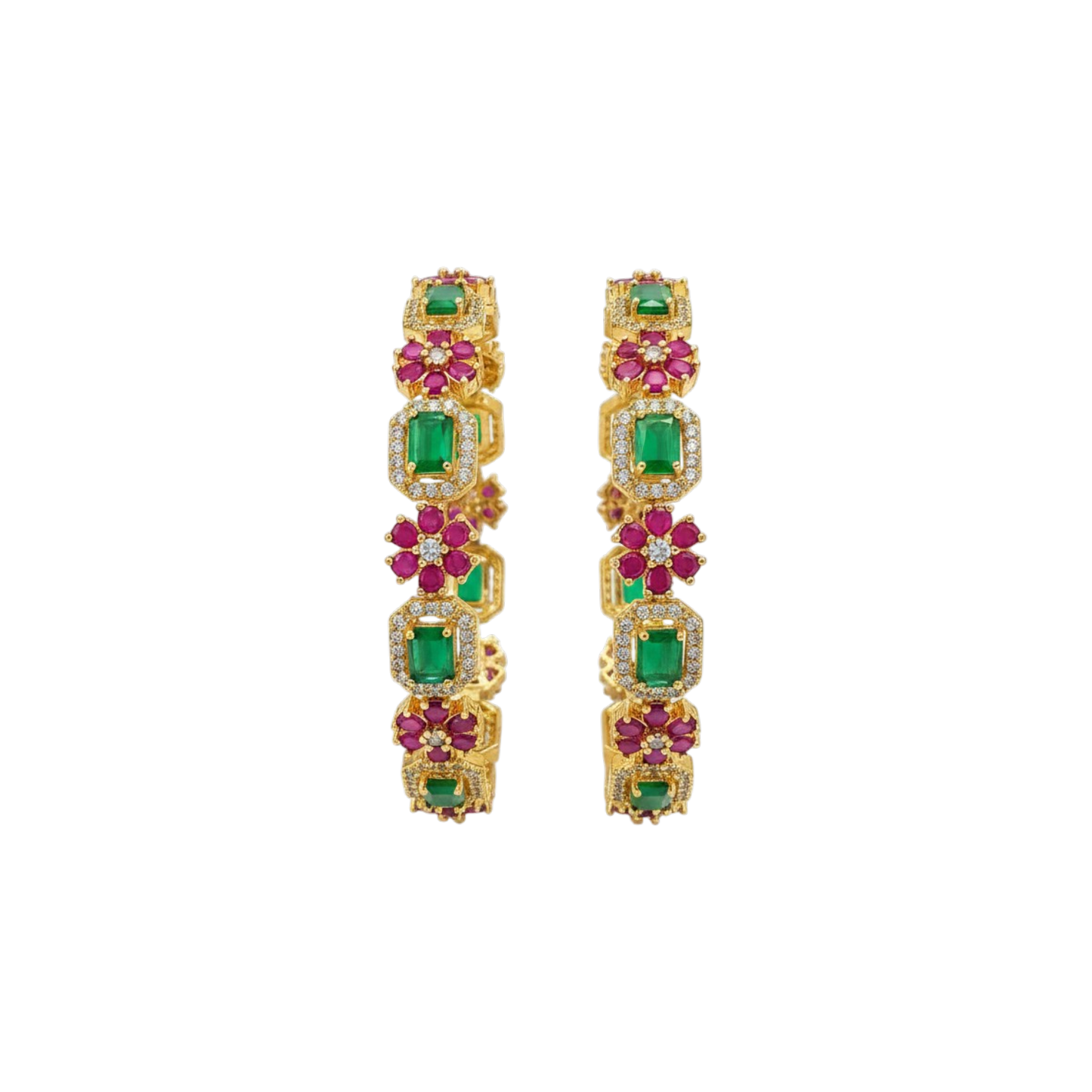 1608-Pretty Precious Gold Plated Cubic Zirconia/American Diamond Traditional Bangles/Bracelet Set of 2 for Women and Girls- Ruby Green (Size 2.6)