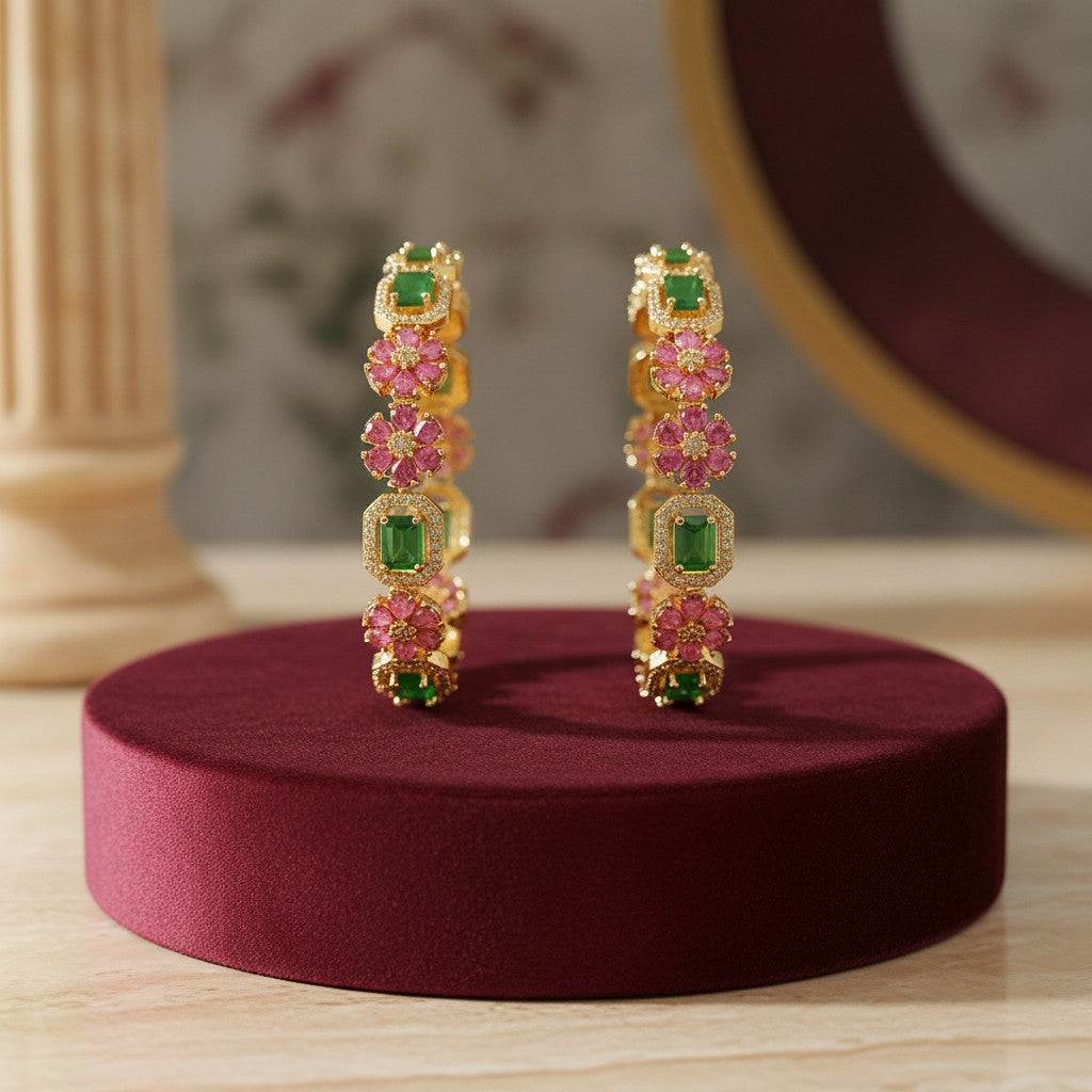 1608-Pretty Precious Gold Plated Cubic Zirconia/American Diamond Traditional Bangles/Bracelet Set of 2 for Women and Girls- Ruby Green (Size 2.6)