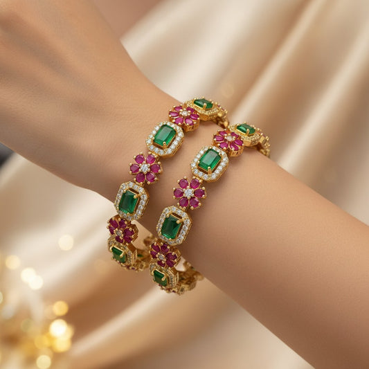 1608-Pretty Precious Gold Plated Cubic Zirconia/American Diamond Traditional Bangles/Bracelet Set of 2 for Women and Girls- Ruby Green (Size 2.6)