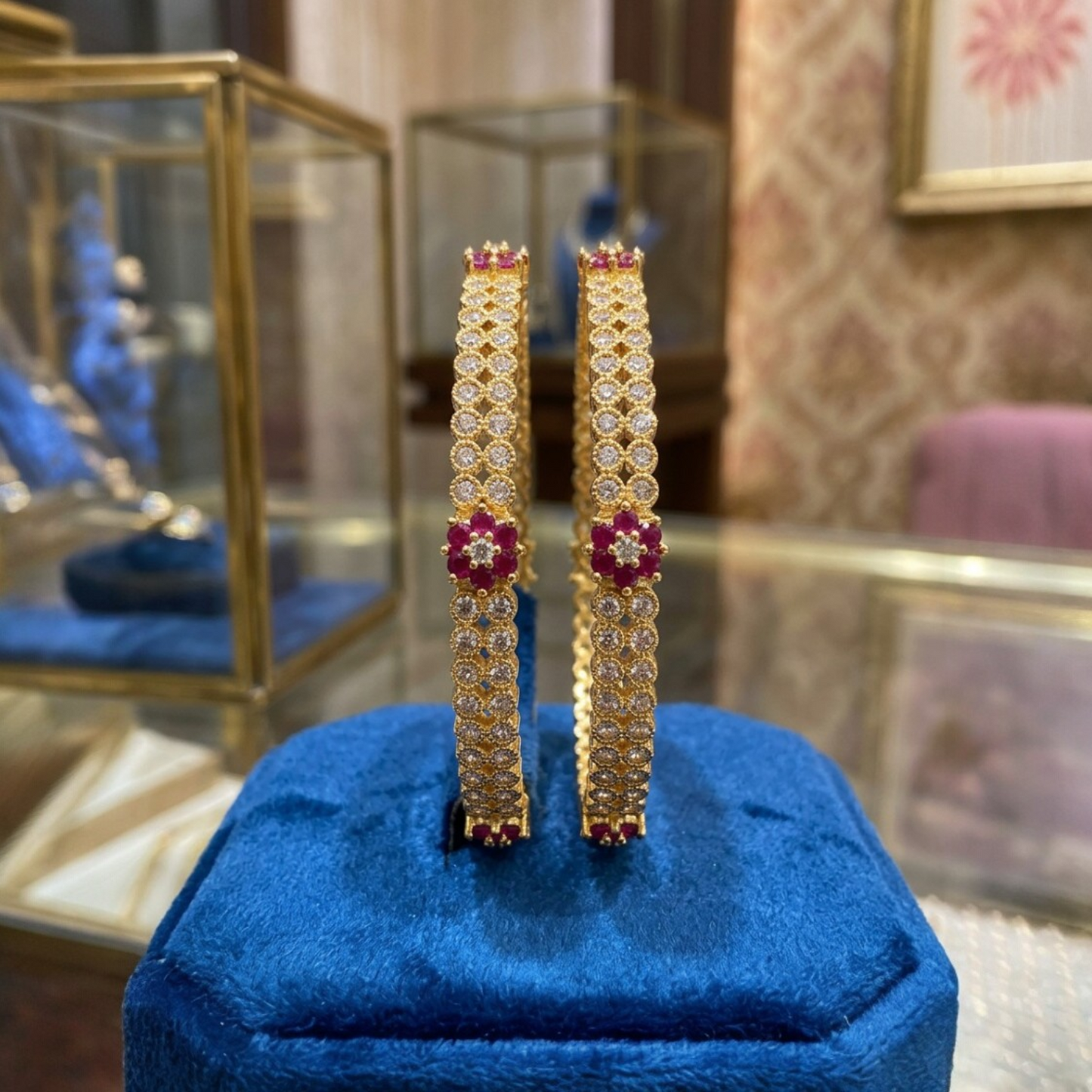 1609-Pretty Precious Gold Plated Cubic Zirconia/American Diamond Traditional Bangles/Bracelet Set of 2 for Women and Girls- Ruby Green (Size 2.4)