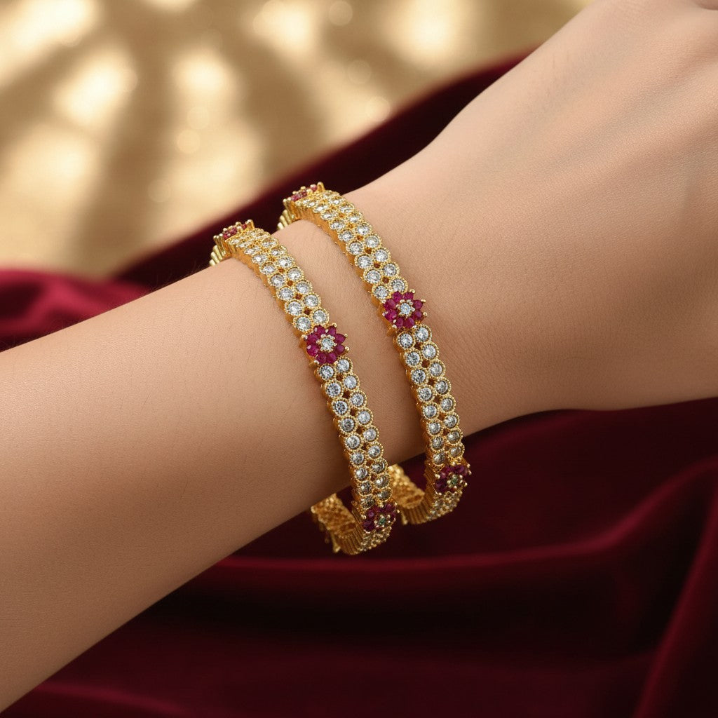 1609-Pretty Precious Gold Plated Cubic Zirconia/American Diamond Traditional Bangles/Bracelet Set of 2 for Women and Girls- Ruby Green (Size 2.4)