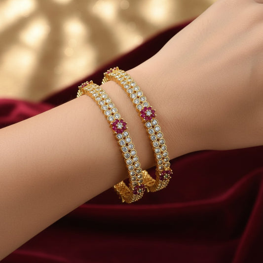 1609-Pretty Precious Gold Plated Cubic Zirconia/American Diamond Traditional Bangles/Bracelet Set of 2 for Women and Girls- Ruby Green (Size 2.4)