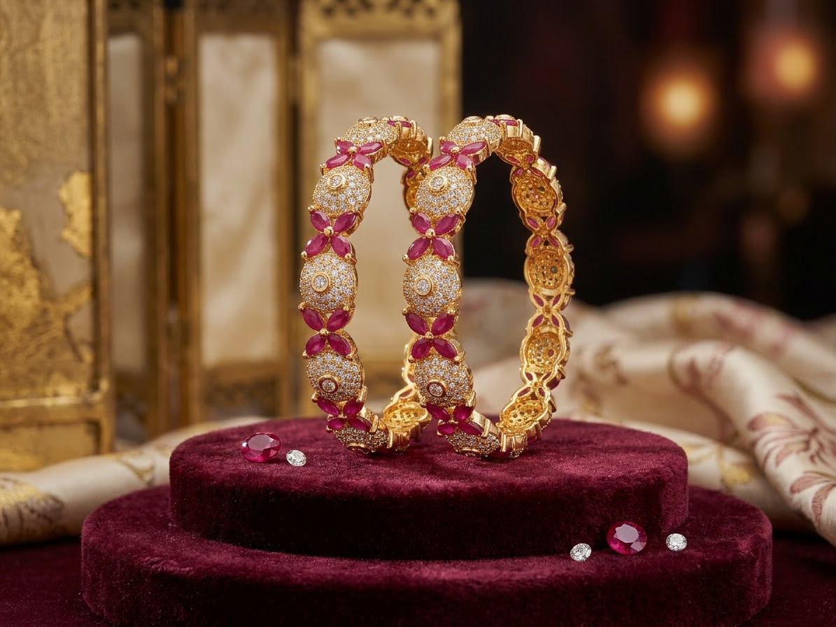 1610-Pretty Precious Gold Plated Cubic Zirconia/American Diamond Traditional Bangles/Bracelet Set of 2 for Women and Girls- Ruby Green (Size 2.4)