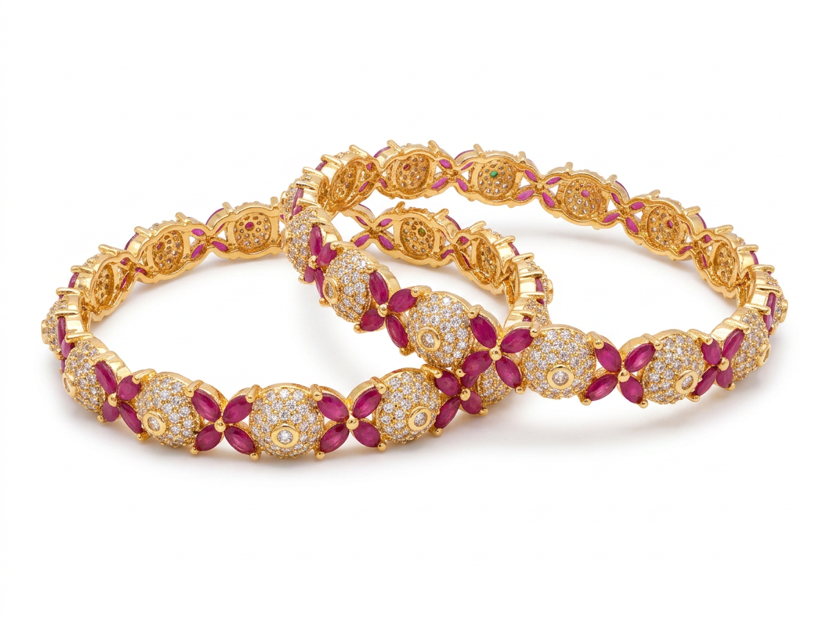 1610-Pretty Precious Gold Plated Cubic Zirconia/American Diamond Traditional Bangles/Bracelet Set of 2 for Women and Girls- Ruby Green (Size 2.4)