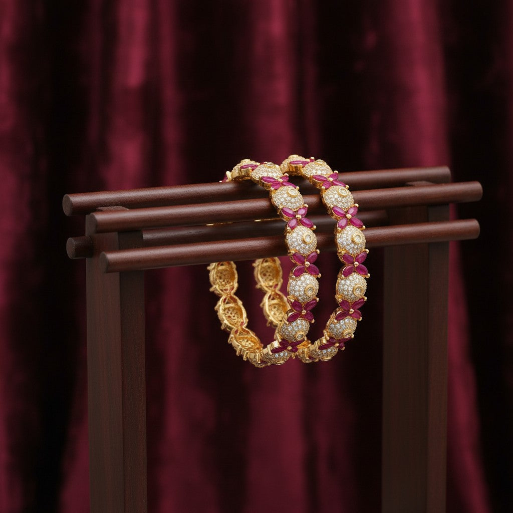 1610-Pretty Precious Gold Plated Cubic Zirconia/American Diamond Traditional Bangles/Bracelet Set of 2 for Women and Girls- Ruby Green (Size 2.4)