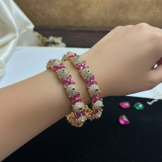 1610-Pretty Precious Gold Plated Cubic Zirconia/American Diamond Traditional Bangles/Bracelet Set of 2 for Women and Girls- Ruby Green (Size 2.4)