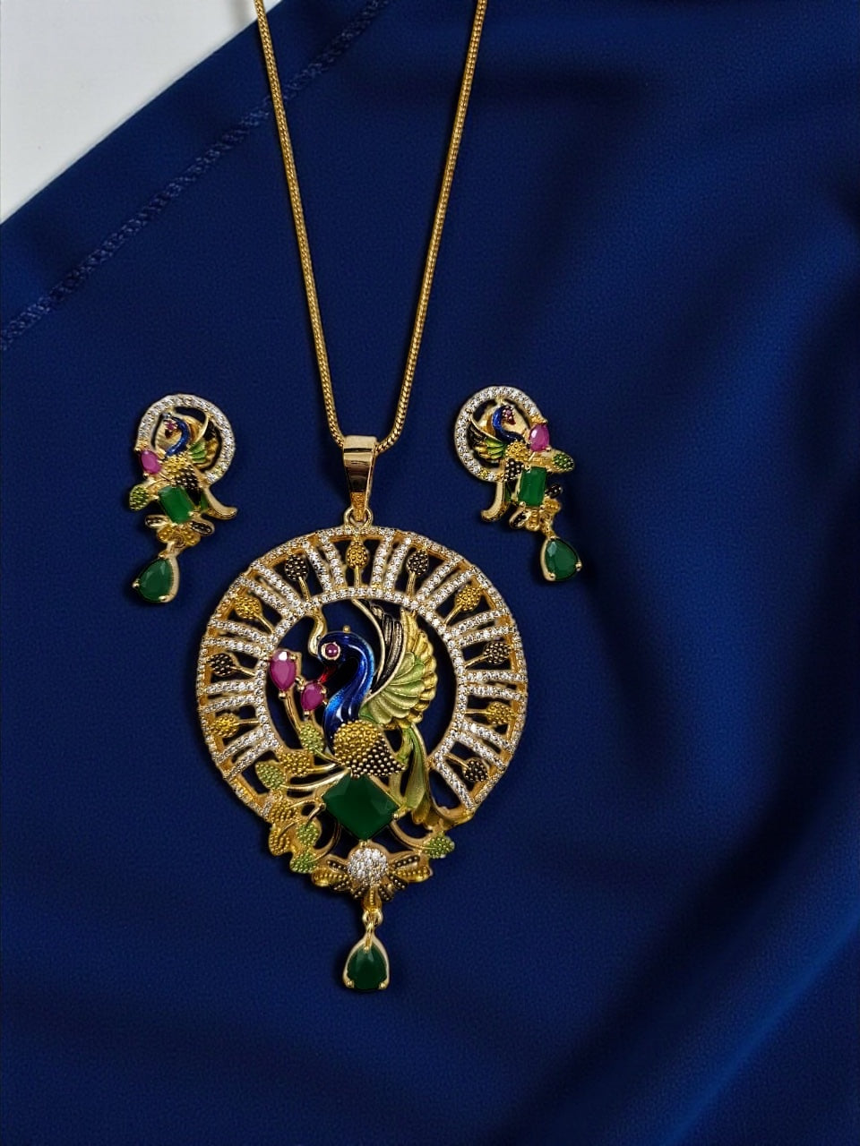 1051-American Diamond Delicate Pendant Set -Green