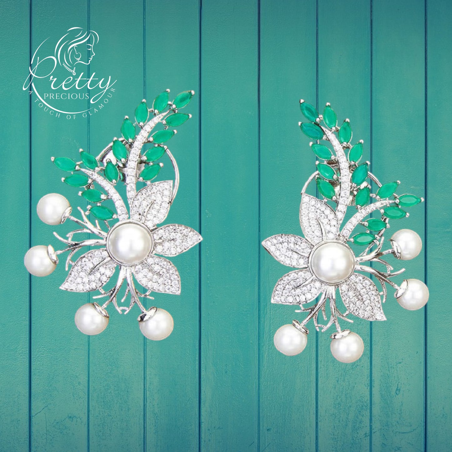 426148-G Cz Classic Earring With Rhodium Plating-Green