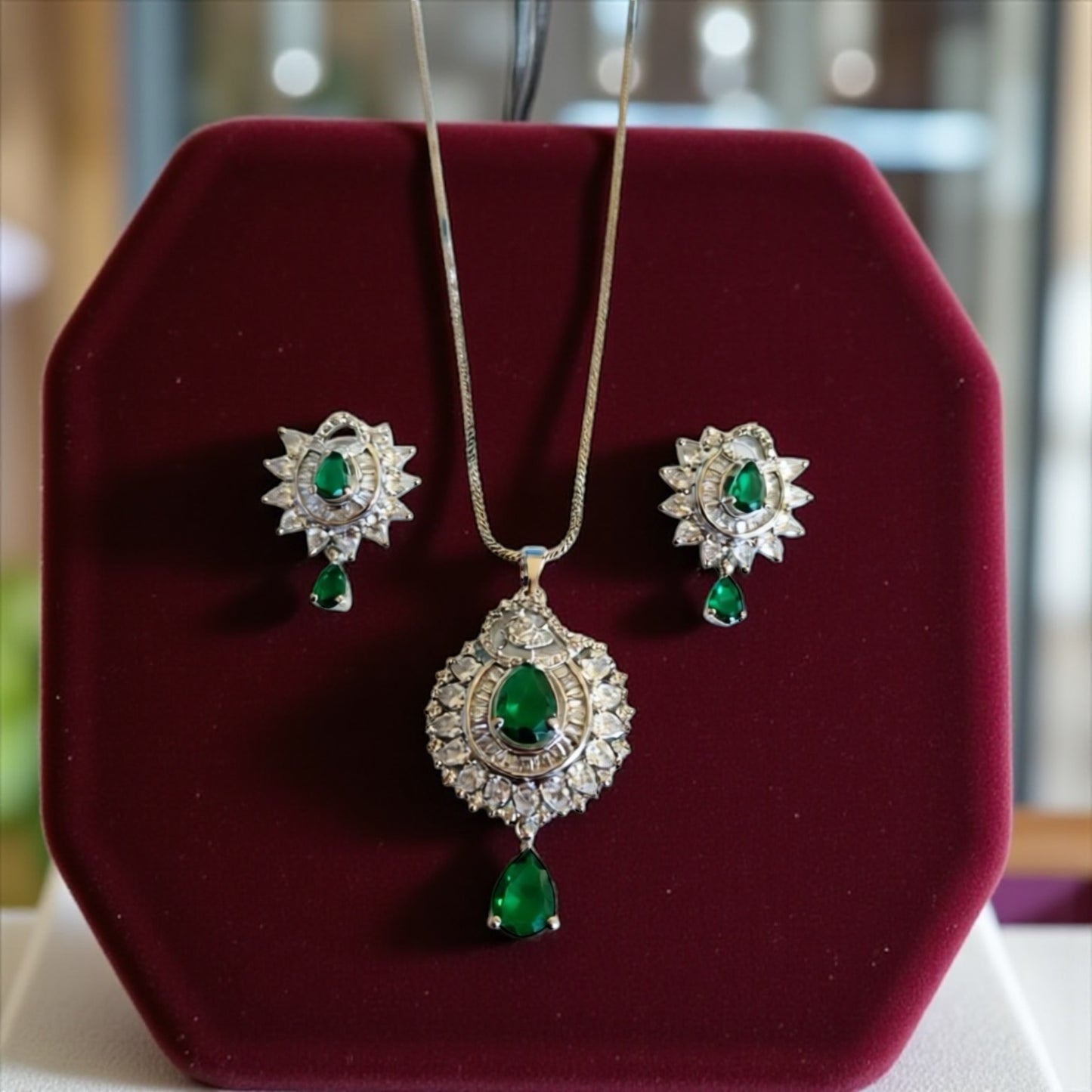 94209-PS-American Diamond Delicate Pendant Set With Rhodium Plating-Green