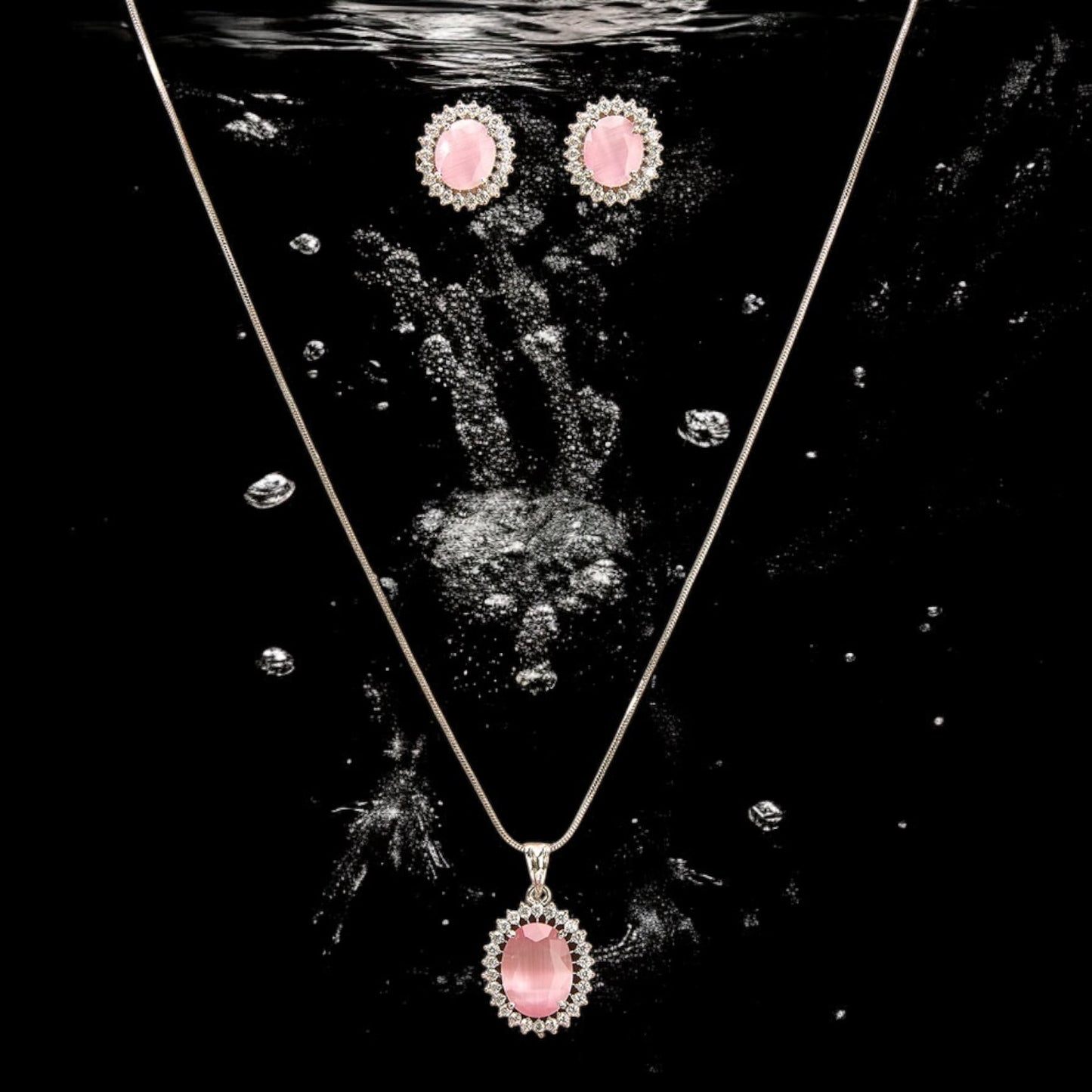 433094-American Diamond Delicate Pendant Set With Rhodium Plating-Pink