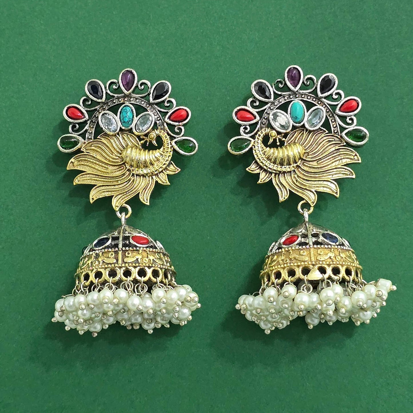809680 Oxidised Peacock Earring With 2 Tone Plating-Multi