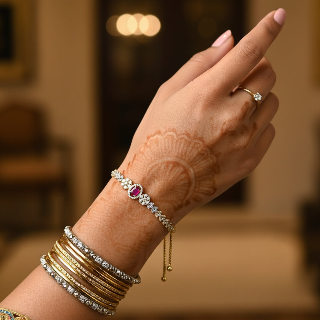 439543 Cubic Zirconia Adjustable Bracelet With 2 Tone Plating-Ruby