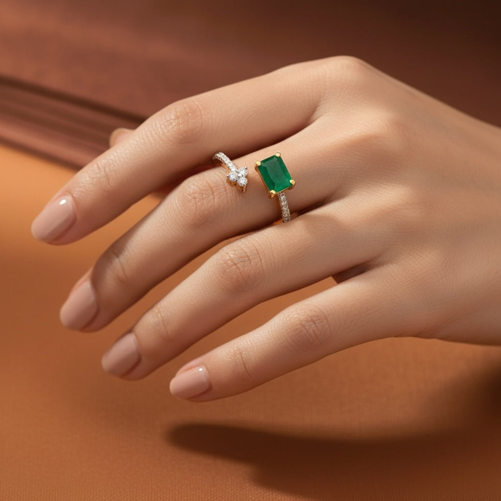 433563 American Diamond Adjustable Ring With 2 Tone Plating-Green