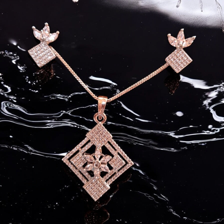 92259-PS-American Diamond Delicate Pendant Set With Rhodium Plating-Design 3